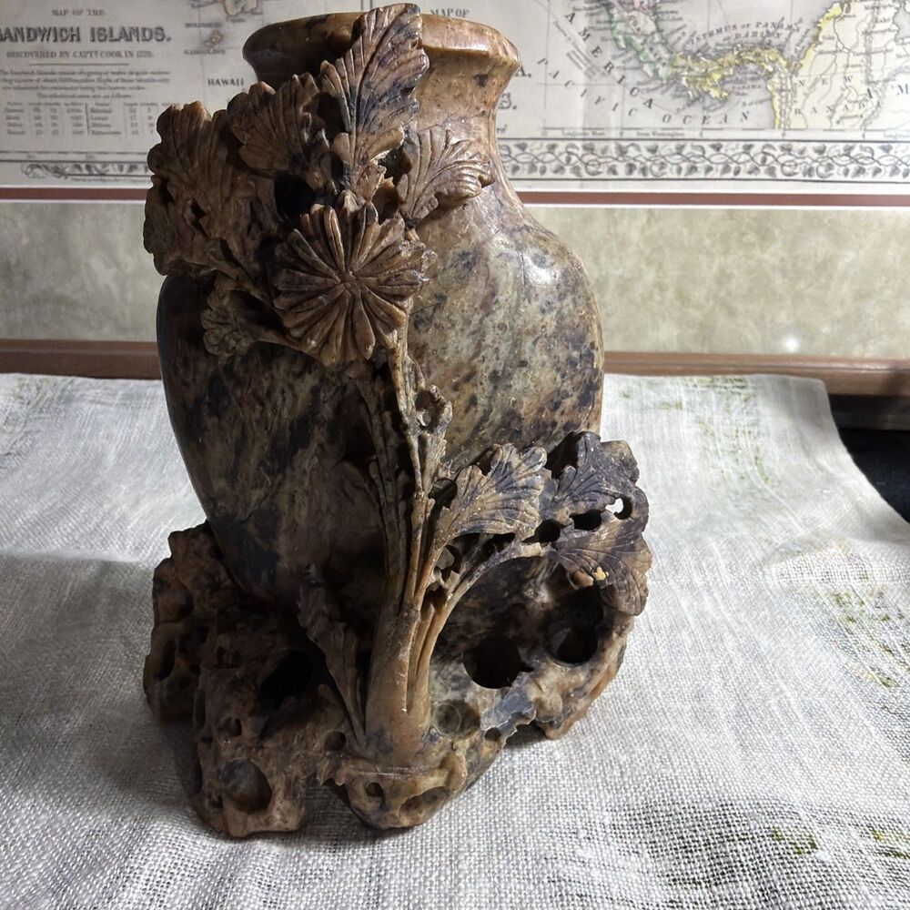 Antique Hand Carved Asian Soapstone Vase